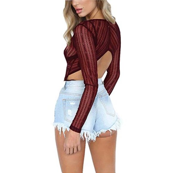 Burgundy Deep Plunge Lace  See Through Back Hollow Out Bodysuit, Medium - Picture 2 of 5